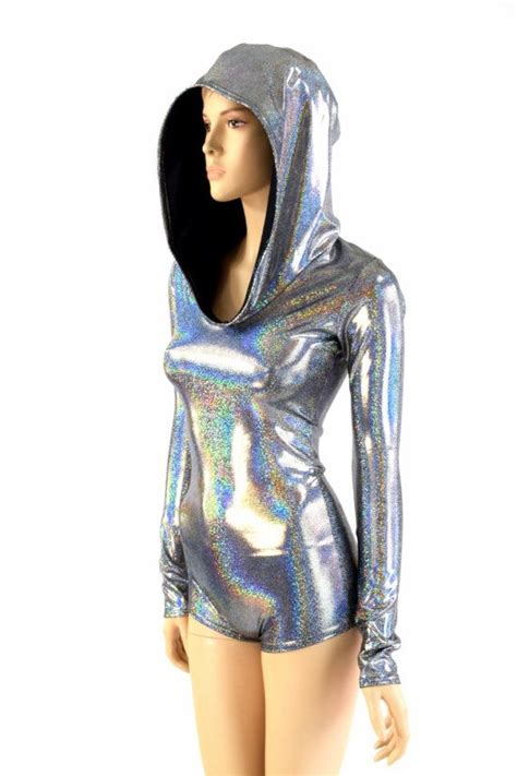 Silver Holographic Metallic Long Sleeve Hoodie Romper With Hoodie