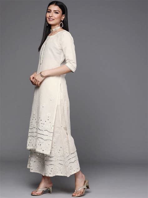 Buy Off White Embroidered Cotton Straight Kurta With Palazzos And Dupatta