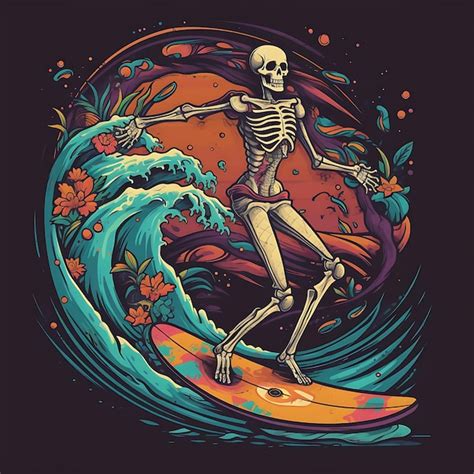 Premium Vector Skull Skeleton Surfing On The Beach Vector Illustration