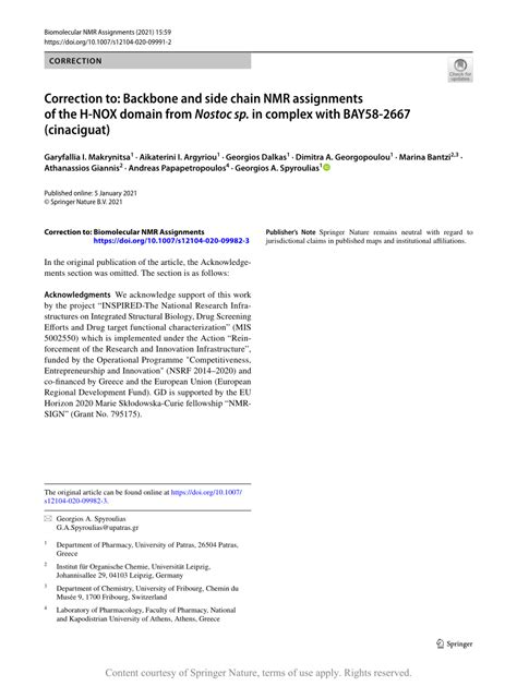 Correction To Backbone And Side Chain Nmr Assignments Of The H Nox Domain From Nostoc Sp In