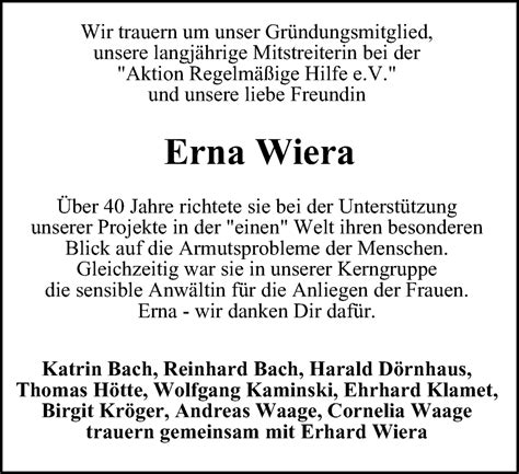 Traueranzeigen Von Erna Wiera Trauer In Nrw De