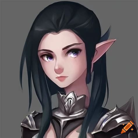 Portrait Of A Confident Female Elf With Black Hair And Spiked Armor On