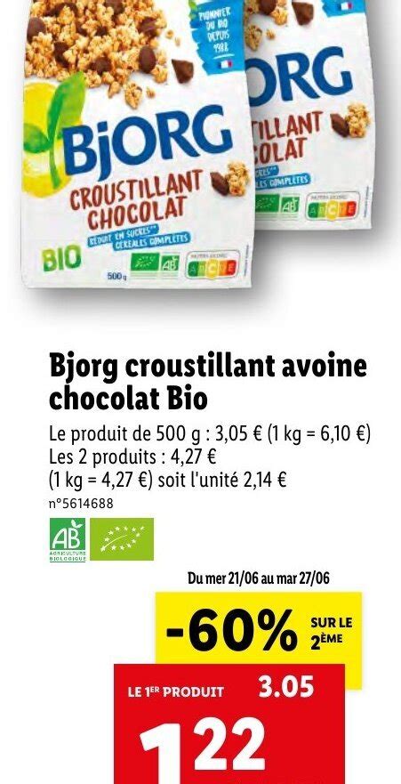 Promo Bjorg Croustillant Avoine Chocolat Bio Chez Lidl