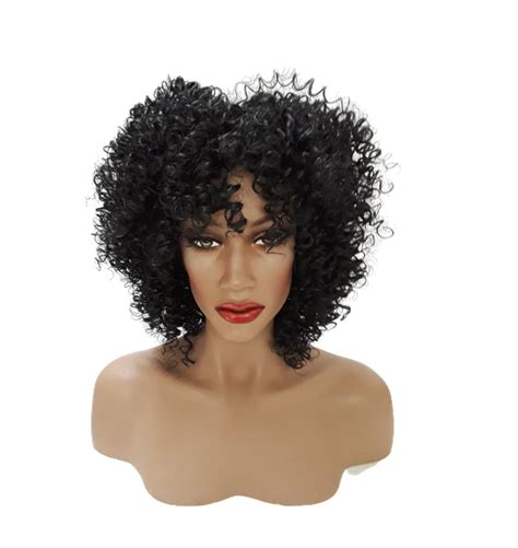 Black Short Kinky Curly Wig Synthetic Afro Full Wigs With Bangs For