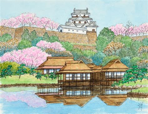 桜の彦根城 玄宮園イラスト・春（滋賀県彦根市）