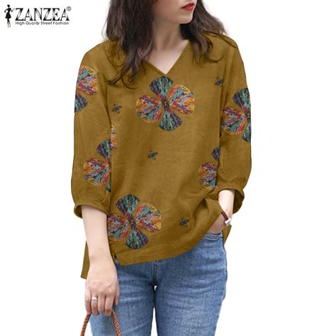 ZANZEA Women Korean Daily Three Quarter Sleeve V Neck Floral Print