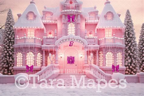 Pink Dollhouse Christmas Digital Backdrop Christmas Mansion