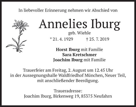 Traueranzeigen Von Annelies Iburg Trauer Merkur De