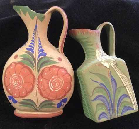 Art Collectibles Fine Art Ceramics Floral Stoneware Pitcher Mexican