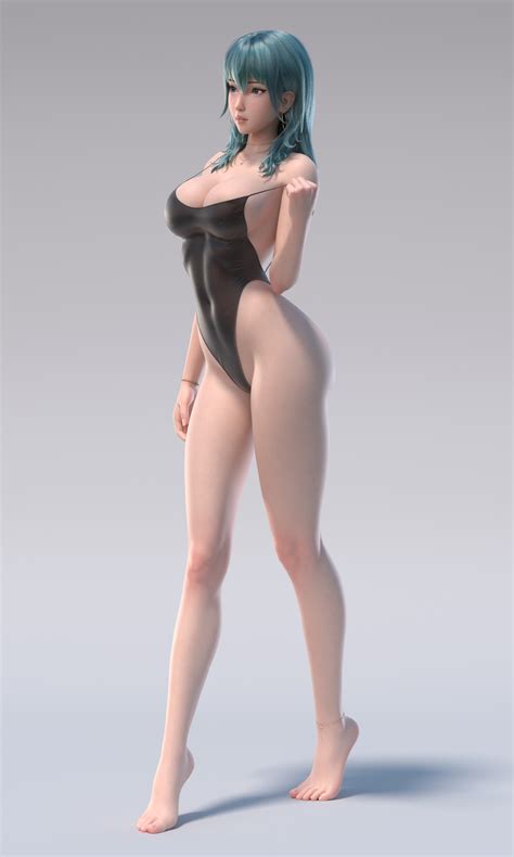 Ye Chaofan, women, blue hair, bangs, walking, big boobs, CGI, swimwear