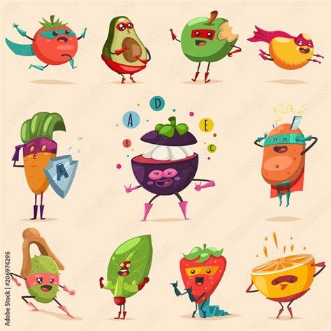 Funny Fruits And Vegetables In Superhero Costume Vector Concept Illustration For A Healthy