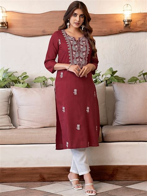 Buy KALINI Ethnic Motifs Embroidered Notch Neck Chikankari Straight