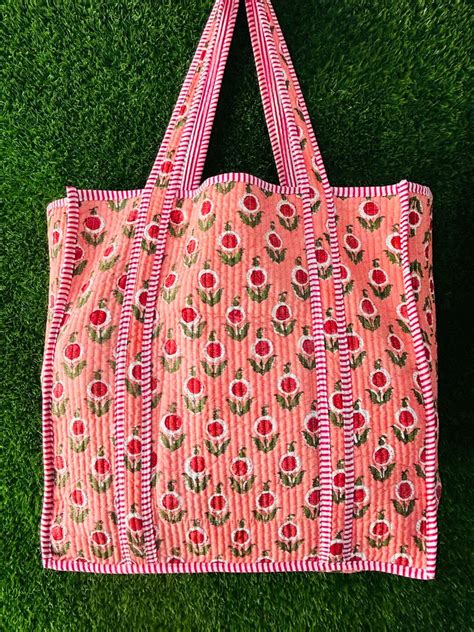 Handmade Quilted Cotton Toto Bag Floral Handprinted Large Shopping