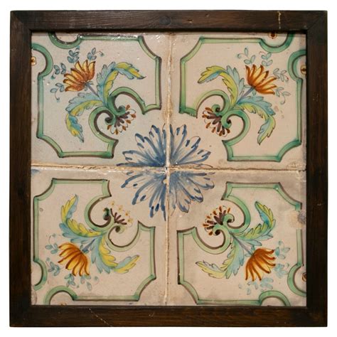 Th Century Spanish Set Of Four Hand Painted Framed Tiles For Sale At