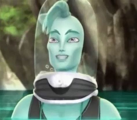 An Animated Avatar With Blue Hair And Green Eyes In Front Of Trees