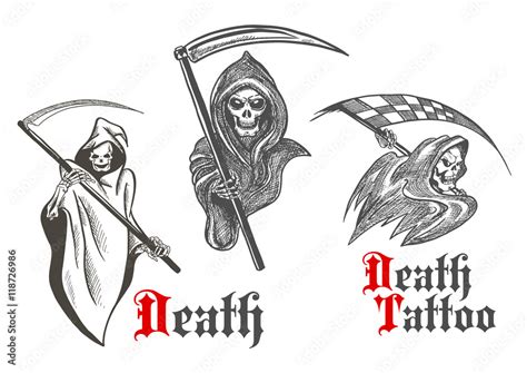 Death tattoo design with sketched grim reapers Stock Vector | Adobe Stock