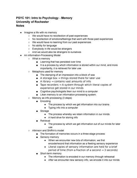 Psy 101 Memory Psyc 101 Intro To Psychology Memory University Of