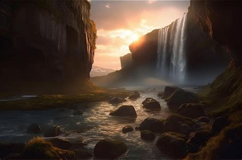 Premium AI Image | A waterfall in the sunset with a sunset in the ...