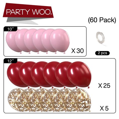 PartyWoo Pink Gold And Burgundy Balloons 60 Pcs Burgundy Balloons