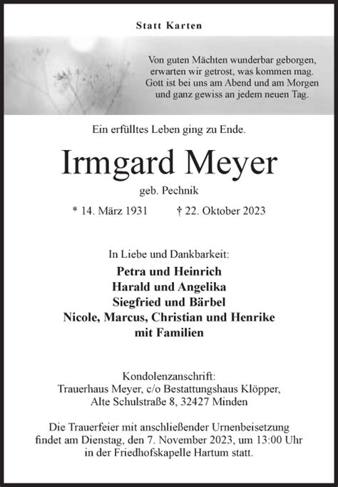 Traueranzeigen Von Irmgard Meyer Trauer MT De