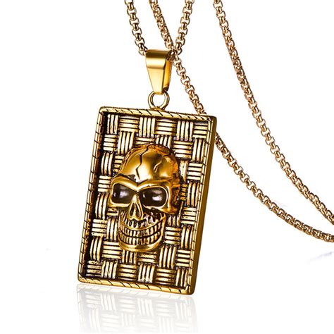 Hip Hop Rock Geometric Square 316l Stainless Steel Skull Pendant And Necklaces For Men Jewerly