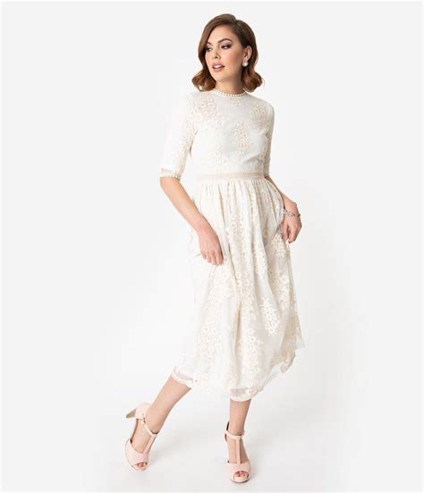 Modest White Dress Ivory Midi Dresses White Vintage Dress Ivory Lace