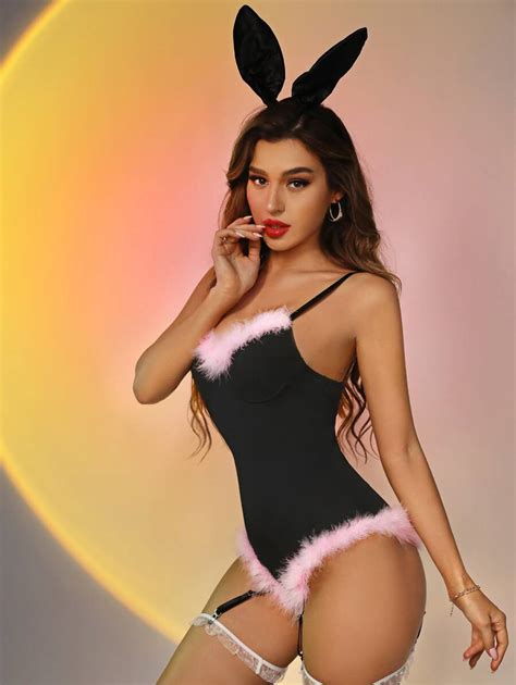 Pack Contrast Fur Lingerie Set With Leg Ring Hairhoop Shein Usa