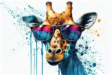 Cool Giraffe With Sunglasses And Graphic Art Illustration Colorfull