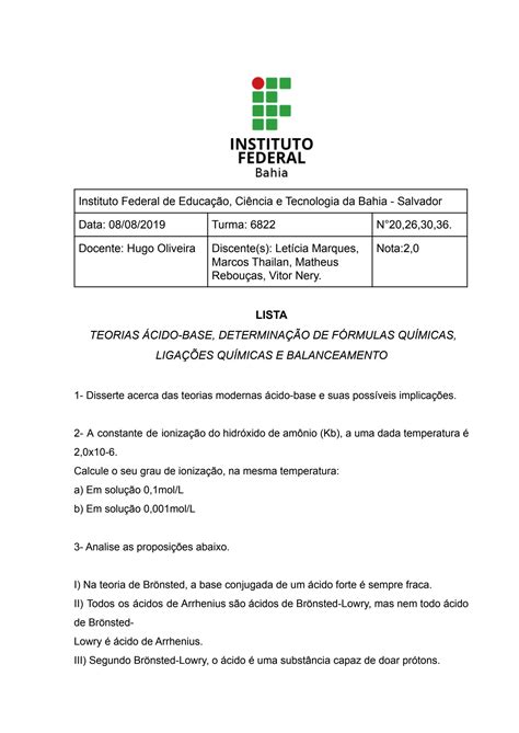 Solution Lista De ExercÍcios Teorias Ácido Base DeterminaÇÃo De