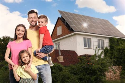 Family Near Their House with Solar Panels. Alternative Energy Source Stock Photo - Image of ...