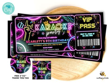 Editable Karaoke Party Birthday Invitation Tickets Glow Karaoke Birthday Party Neon Singing