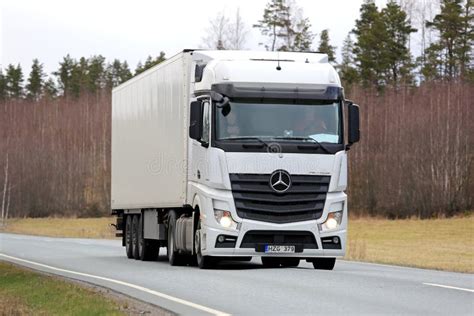 White Mercedes Benz Actros Semi Truck On Spring Road Editorial Stock