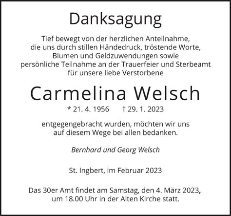 Traueranzeigen Von Carmelina Welsch Saarbruecker Zeitung Trauer De