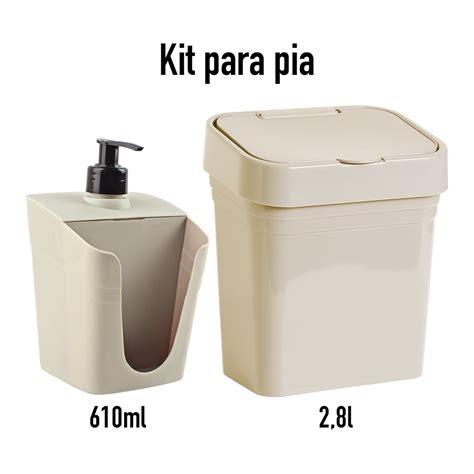 Kit Para Pia Lixeira Dispenser Porta Detergente Pr Tico Cinza Ou