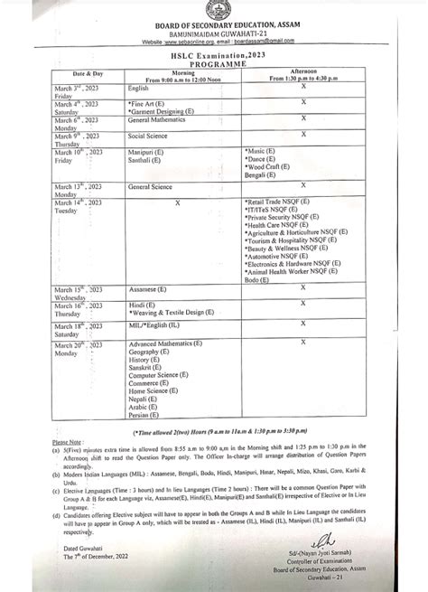 Assam Seba Hslc Exam Routine Class Th Time Table