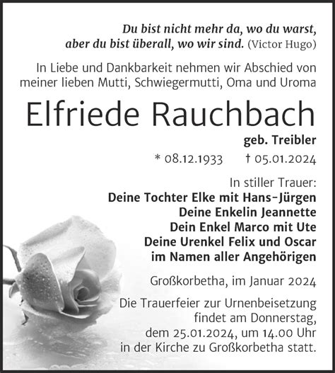 Traueranzeigen Von Elfriede Rauchbach Abschied Nehmen De