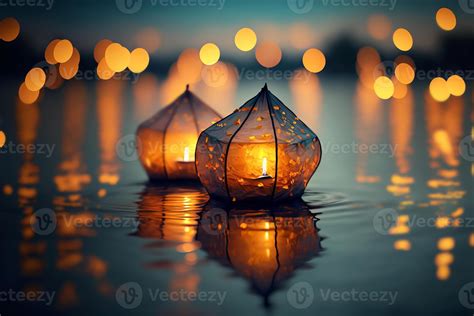 Paper lanterns float on dark water. Traditional Floating Lantern ...