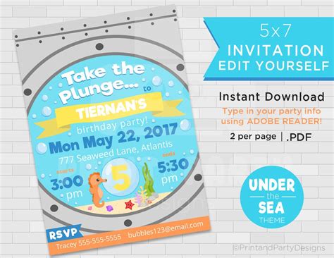 Printable Under The Sea Birthday Party Invitations Submarine Birthday Party 5x7 Underwater