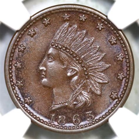 1863 F 79 351 A NGC MS 66 BN INDIAN CROSSED CANNONS Civil War Token