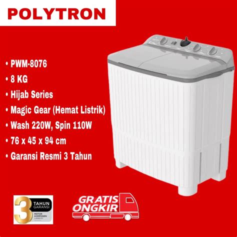 Jual Mesin Cuci POLYTRON PWM 8076 Mesin Cuci 2 Tabung 8 KG Free