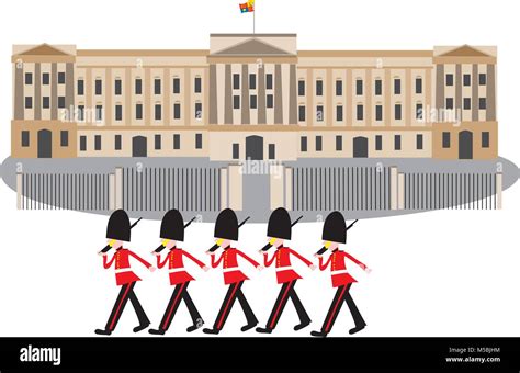 A cartoon Buckingham Palace with guards in bearskin hats marching in ...