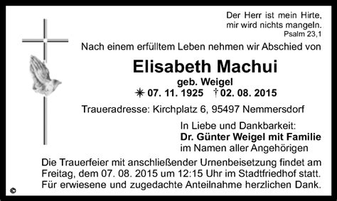 Traueranzeigen Von Elisabeth Machui Nordbayerischer Kurier