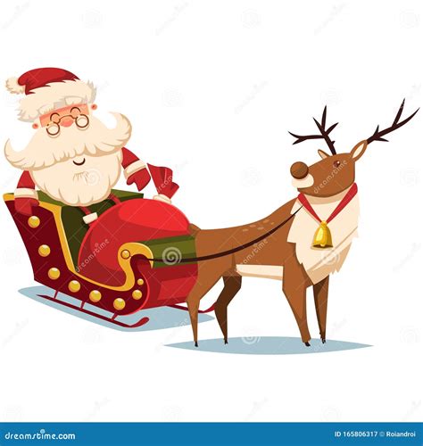 Funny Santa Claus Sleigh Reindeer Vector Christmas Cartoon Character