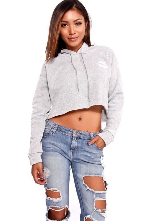 Heather Grey Long Sleeve Crop Top Hoodie Sweater Sweaters For Women Sexy Sweater Sweater Dresses