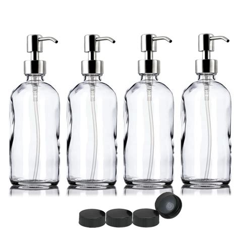 4pcs 16 Oz Clear Glass Dispenser Pump Bottle With Stainless Steel Lotion Pump Storage Cap For