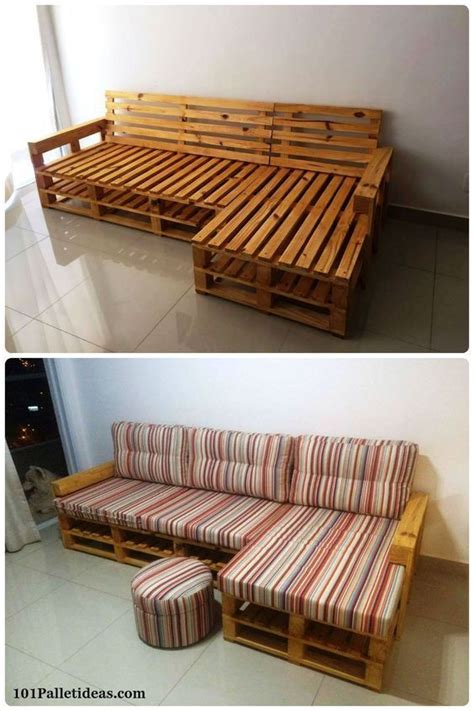 Two Pictures Of Different Types Of Furniture Made Out Of Wood Pallets