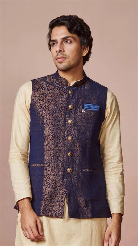 Buy Navy Blue Jacket With Gold Foil Print Online In India Manyavar