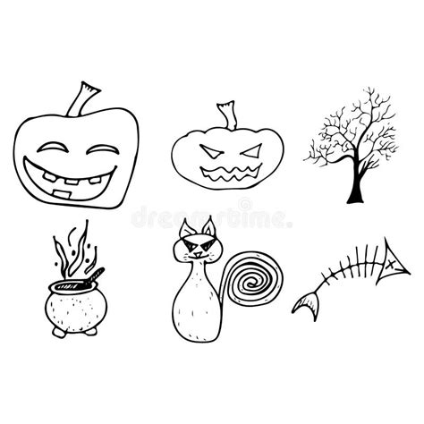 Halloween Doodle Set Isolated On White Background Cartoon Set With Black Halloween Doodle