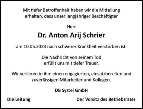 Traueranzeigen Von Anton Arij Schrier Vrm Trauer De