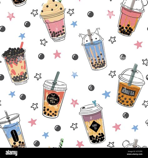 Bubble Tea Seamless Pattern Popular Asian Cold Drink Pearl Milk Tea